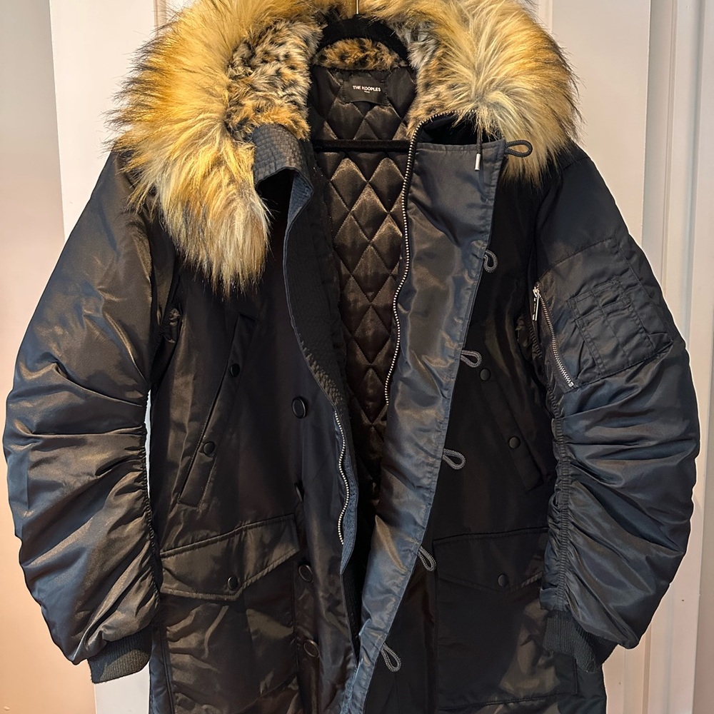 The Kooples Black Utility Jacket Parka with Faux Fur Trim GUC